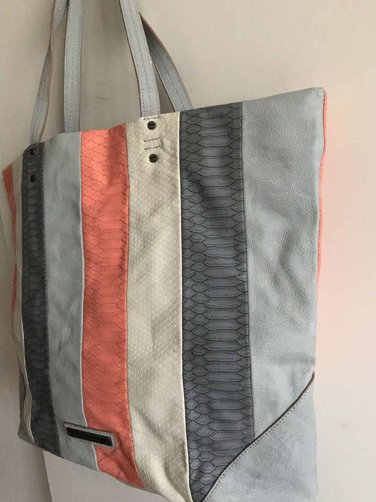 RACHEL ROY Extra Large Faux Leather Blue/Grey/Coral Tote