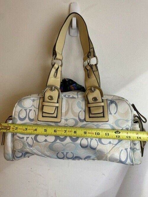 coach w all over logo w add on pooh tie white blue jacquard fabric tote