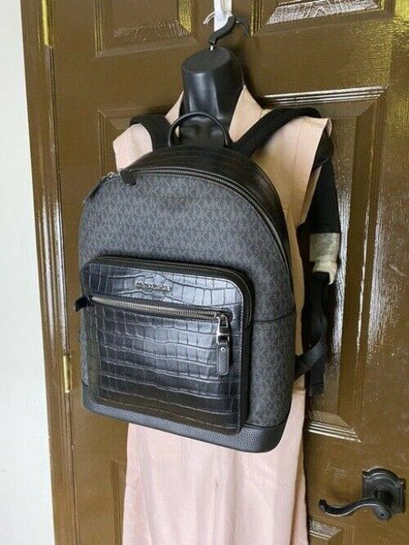 Michael Kors Hudson Crocodile Embossed And Logo Black Leather Backpack