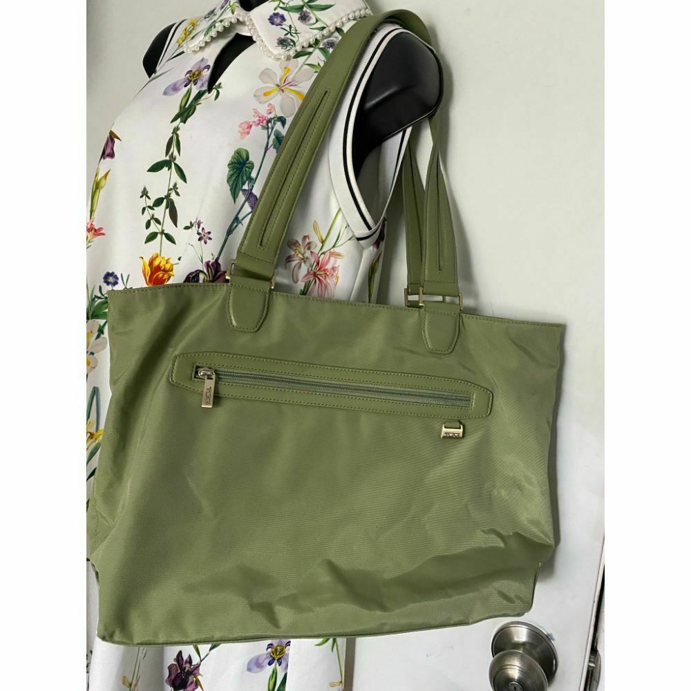 TUMI Green Nylon Tote Bag Large Size w/ Leather Trim Good Condition