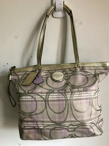 Coach stain fabric khaki tote with multi color logo design