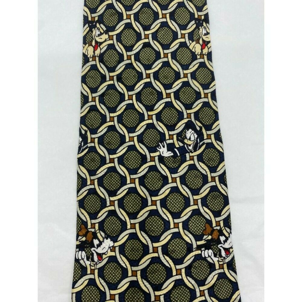 MICKEY MOUSE Disney Neck Tie Black Green Cream Hand Made 100% Silk