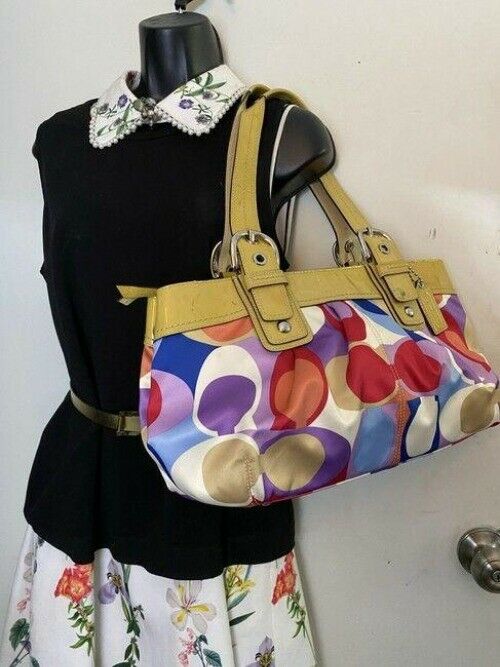 coach bag purple blue red fabric tote