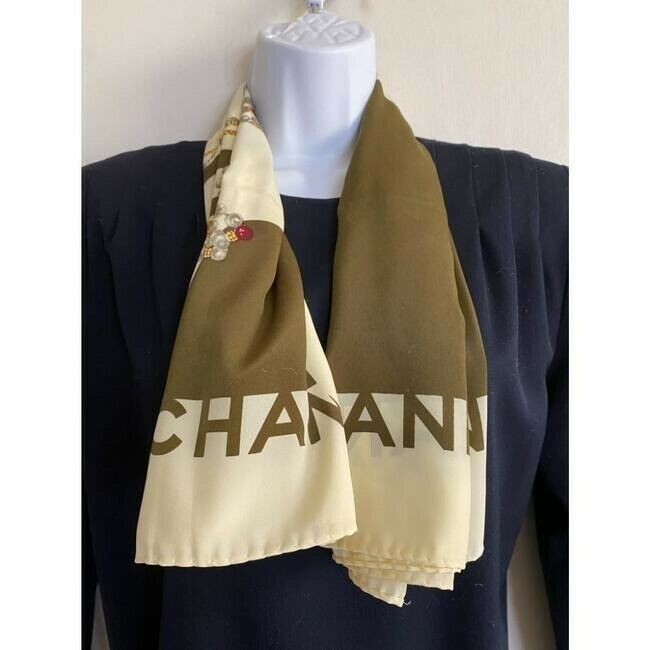CHANEL Vintage Silk Ivory Scarf W/ iconic Chanel Lady design