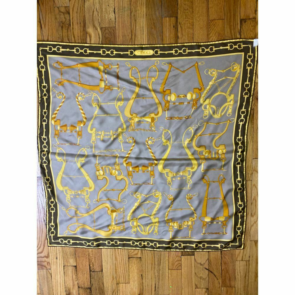 GUCCI Silk Scarf Gray Yellow Brown Msrp 550