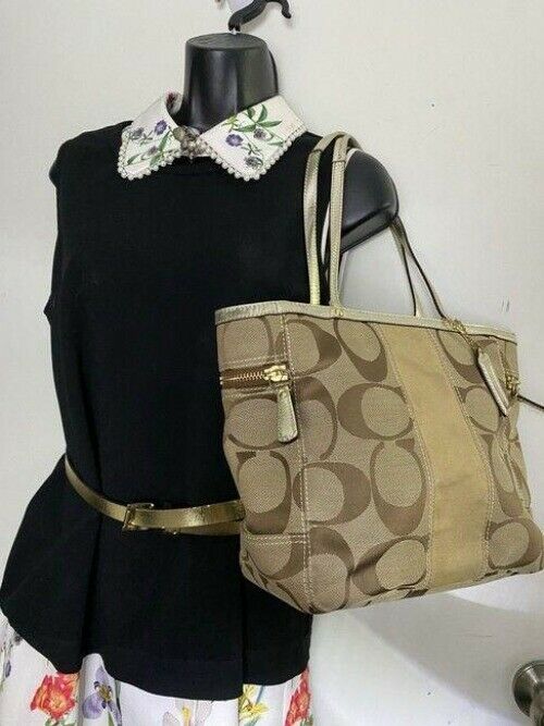 coach large brown silver tan fabric shoulder bag