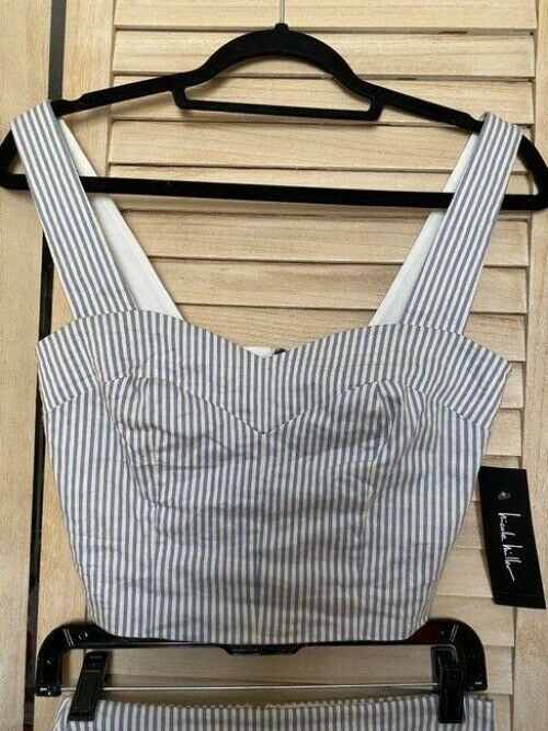 Nicole Miller blue white new stripe cotton crop two piece set msrp