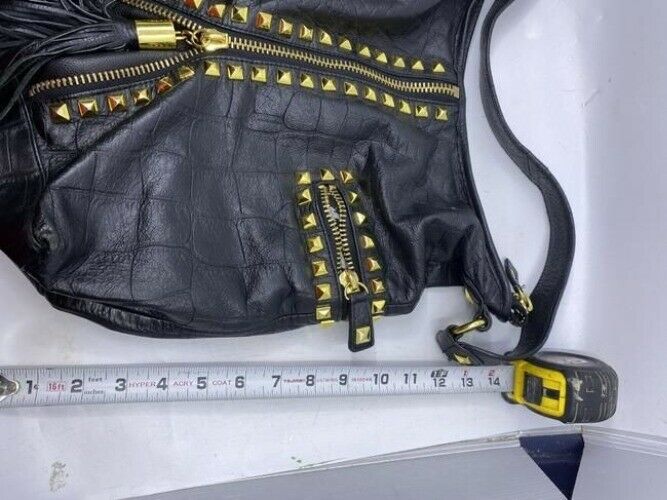Betsey Johnson Large Studded Zippered Black Leather Shoulder Bag