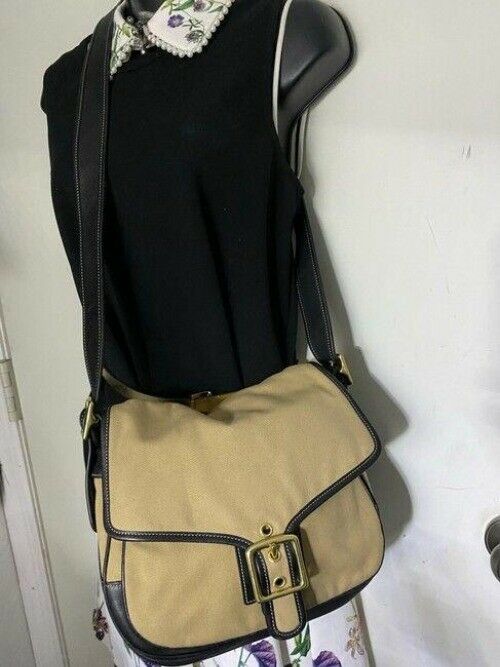 coach fabric canvas medium tan black canvas leather cross body bag
