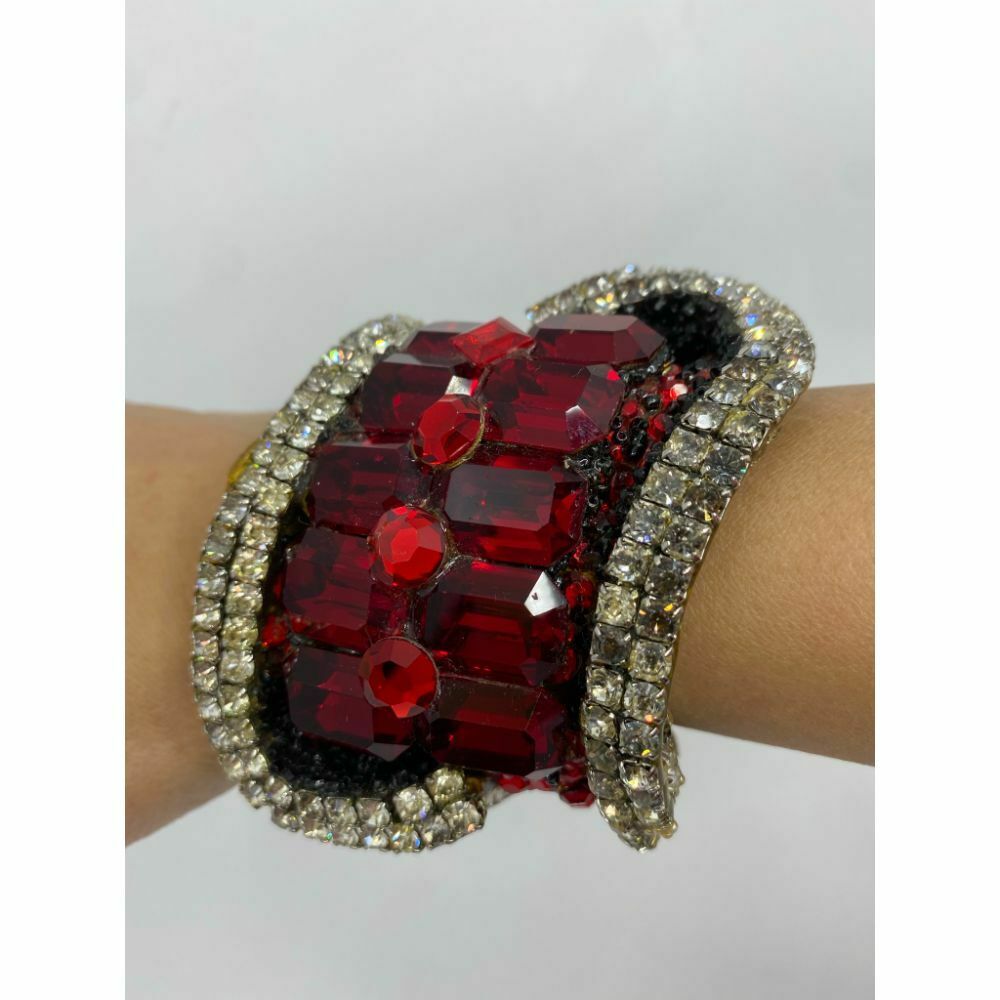 Rare! WENDY GELL 1985 Signed Red Be Jeweled Cuff Bracelet