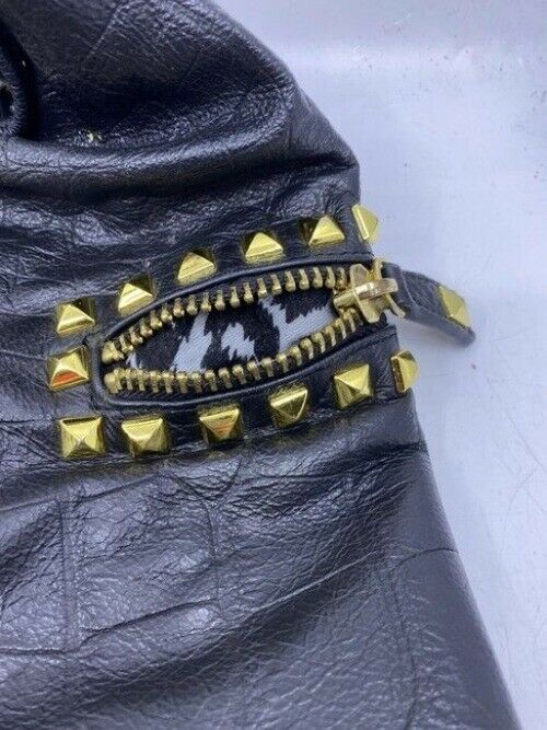 Betsey Johnson Large Studded Zippered Black Leather Shoulder Bag