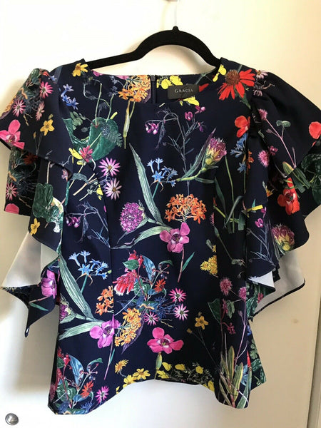 NWT Gracia Floral Navy W/ Statment Sleeves Small