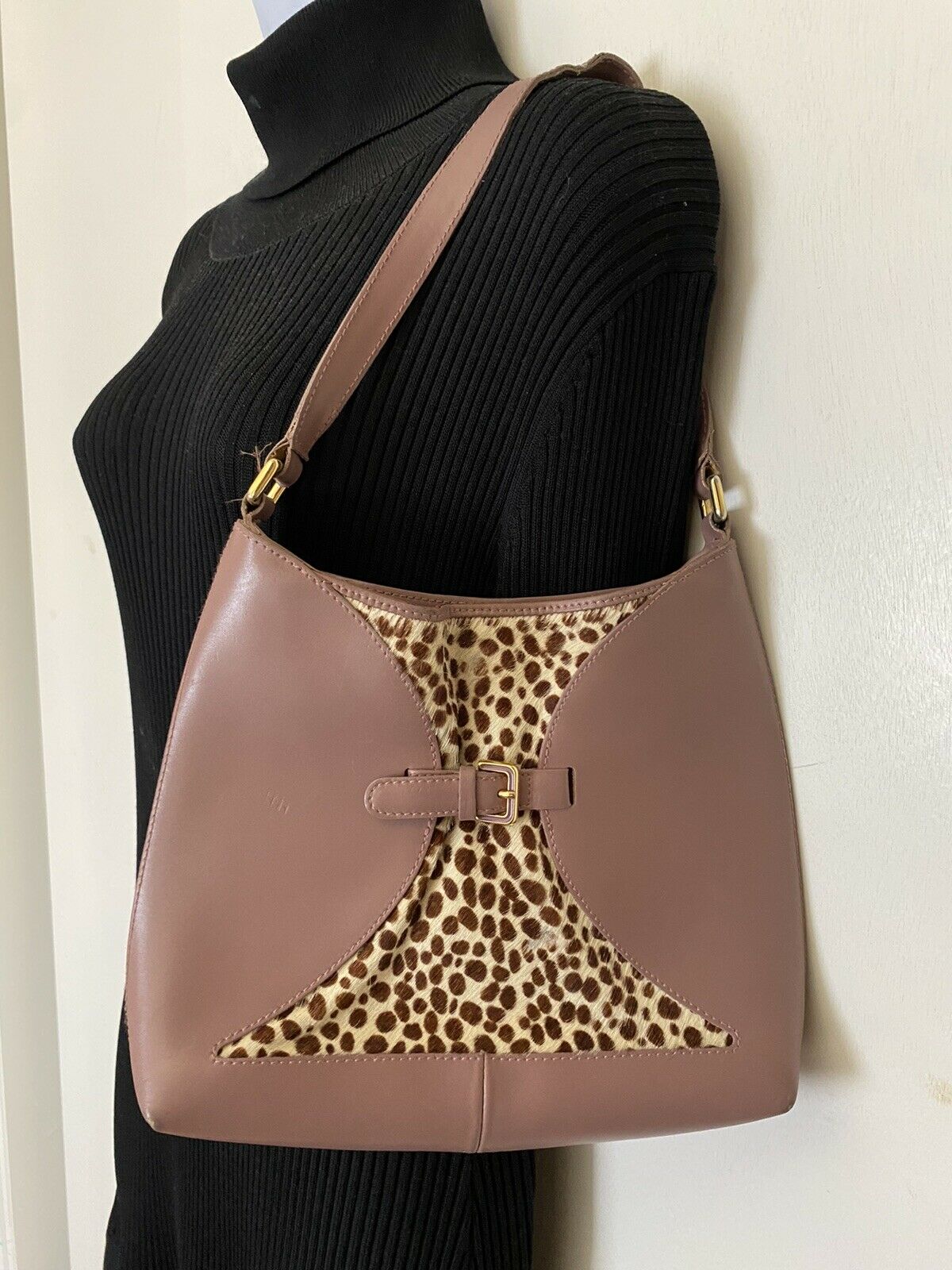 FURLA Pink Leather Animal Print Fur Contrast Handbag