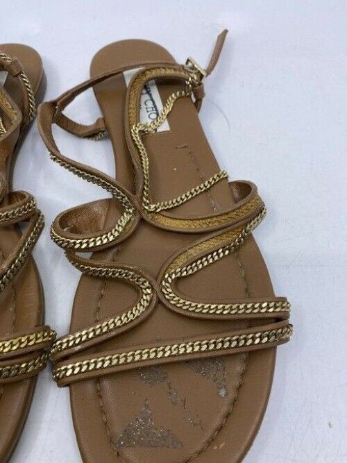 Jimmy Choo Brown Nickel Flat Tan Leather With Chain Sandals Size Eu