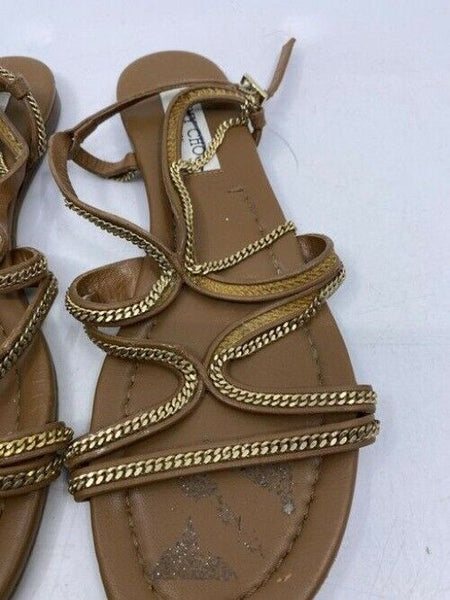 Jimmy Choo Brown Nickel Flat Tan Leather With Chain Sandals Size Eu