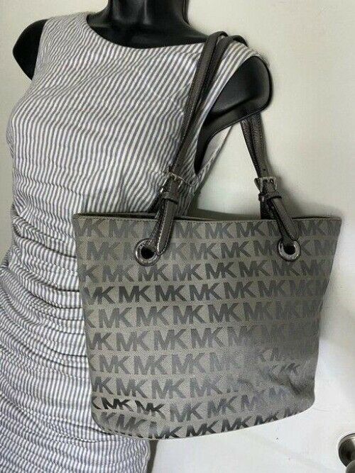 michael kors bag all over logo medium gray silver jacquard fabric tote