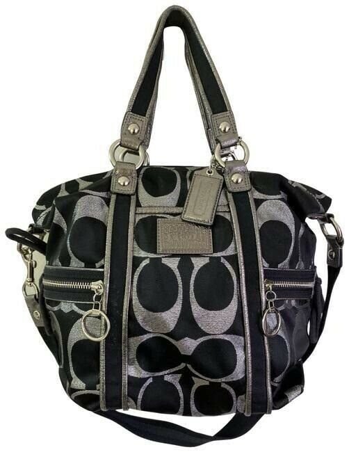 coach bag silver black fabric tote