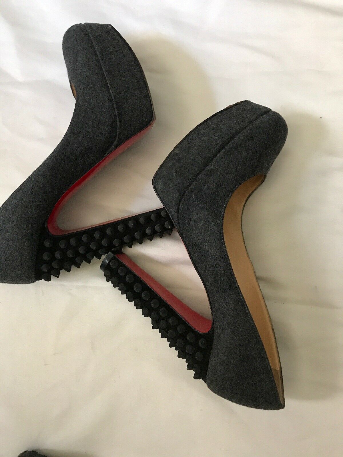 CHRISTIAN LOUBOUTIN Grey Denim Classic Pumps W/ Heel Spikes On Heels 36.5
