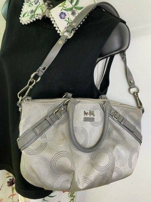 coach bag large silver gray fabric tote