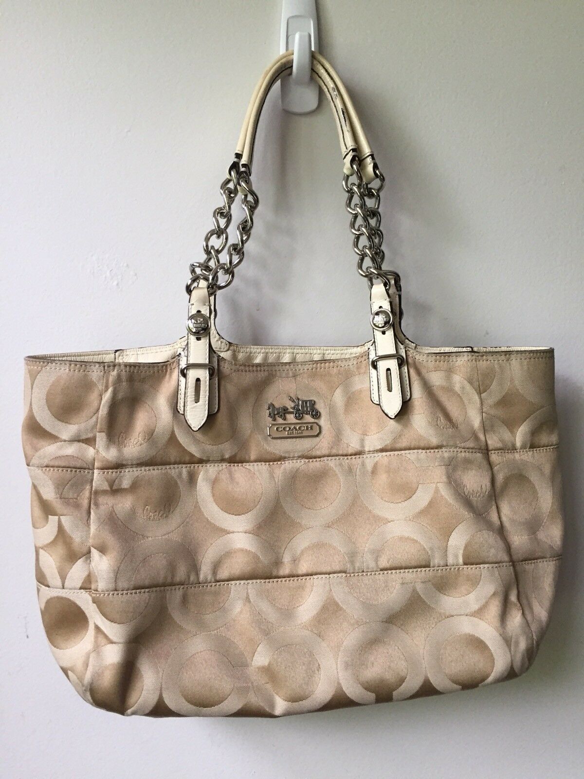 COACH Gold Jacquard Medium Tote W Silver Grey Pouch Msrp $400