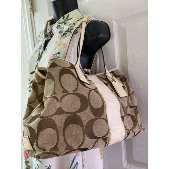 COACH Large Tan Brown Jacquard Fabric Tote Bag