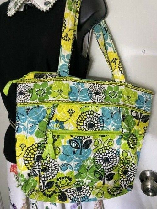 vera bradley bag quilted green blue white fabric tote