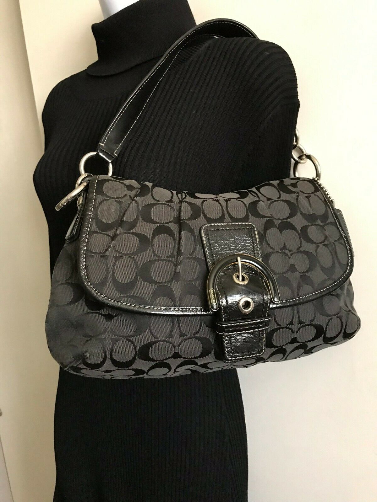 Coach Black Fabric Signature hand bag