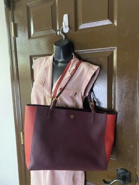 Tory Burch Emerson Buckle Laptop Burgunday Saffiano Leather Shoulder Bag