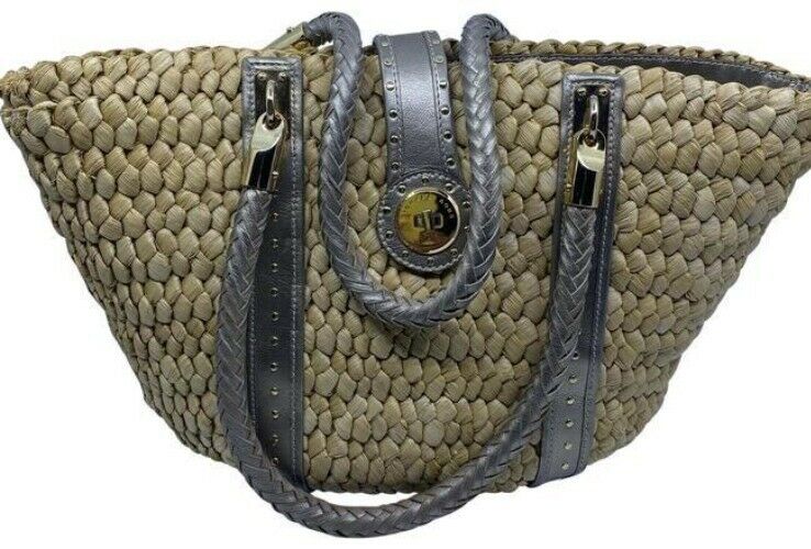 michael kors shopping xl w w leather trim gray beige woven tote