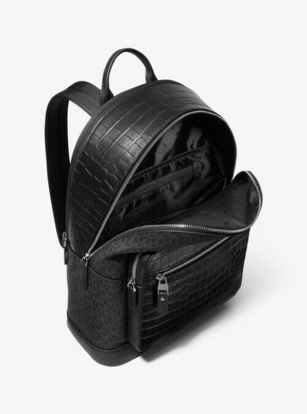 Michael Kors Hudson Crocodile Embossed And Logo Black Leather Backpack