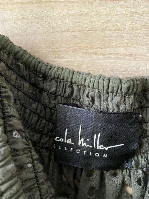 Nicole Miller olive off the shoulder eyelet msrp small long casual maxi dress
