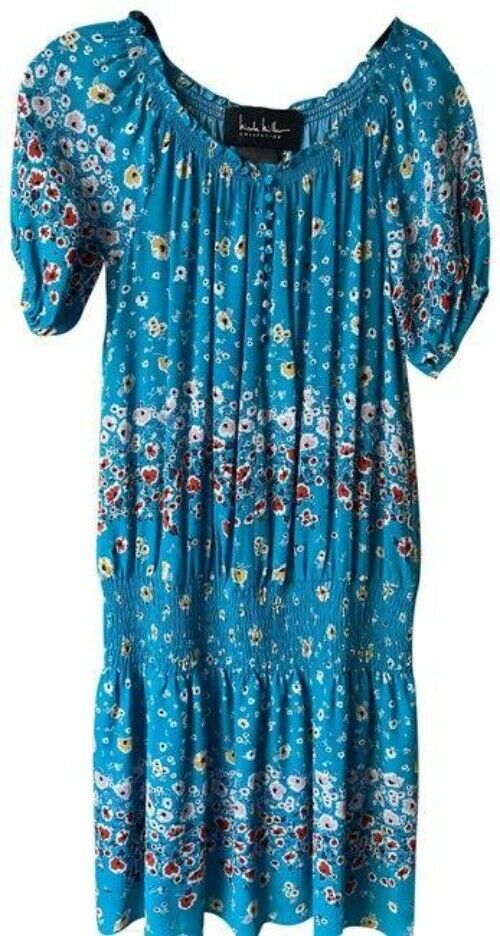 Nicole Miller Sky Blue New Floral Smocking Small Msrp Mid Length Short Casual Dr