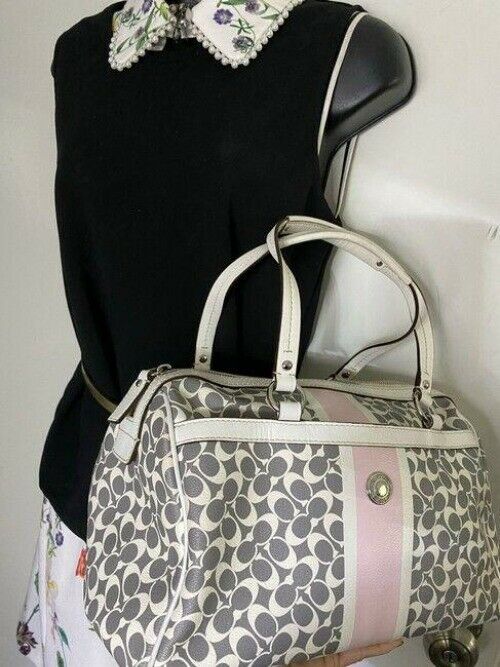 coach medium handbag gray white coated canvas tote