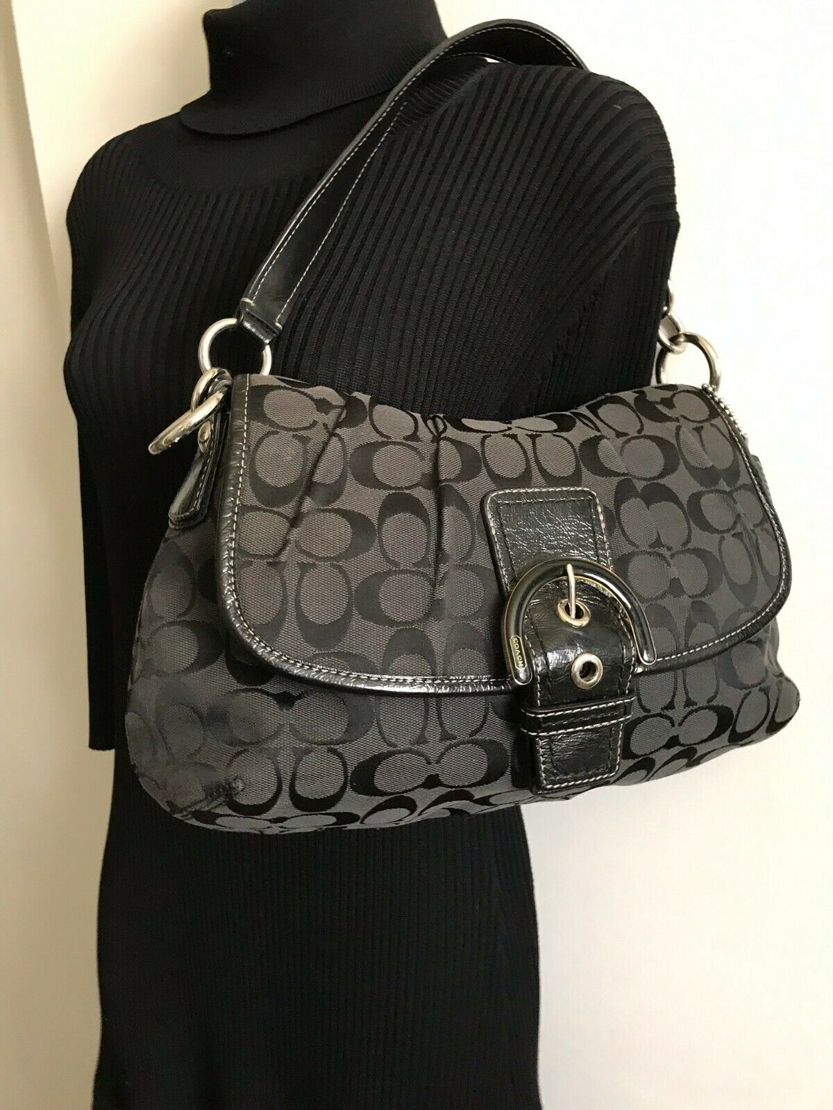 Coach Black Fabric Signature hand bag