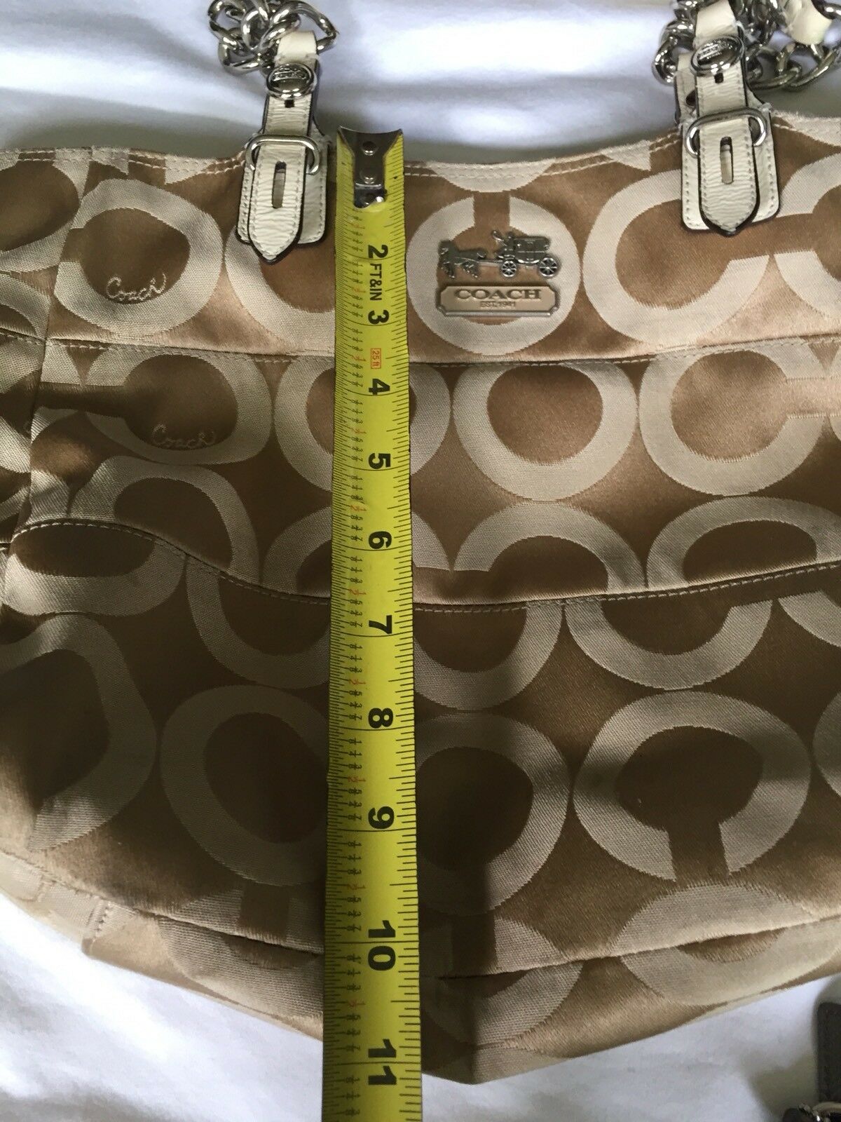 COACH Gold Jacquard Medium Tote W Silver Grey Pouch Msrp $400