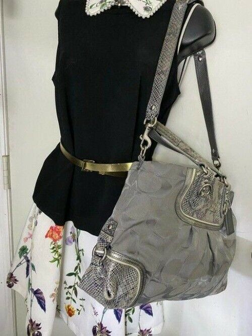 coach large snakeskin gray fabric shoulder bag