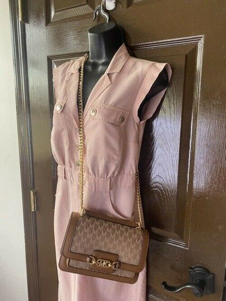 Michael Kors New Medium Logo Allover Brown Coated Canvas Cross Body Bag