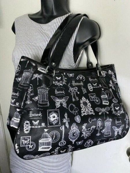 Harrods Shoulder Bag Black White Nylon Fabric Tote