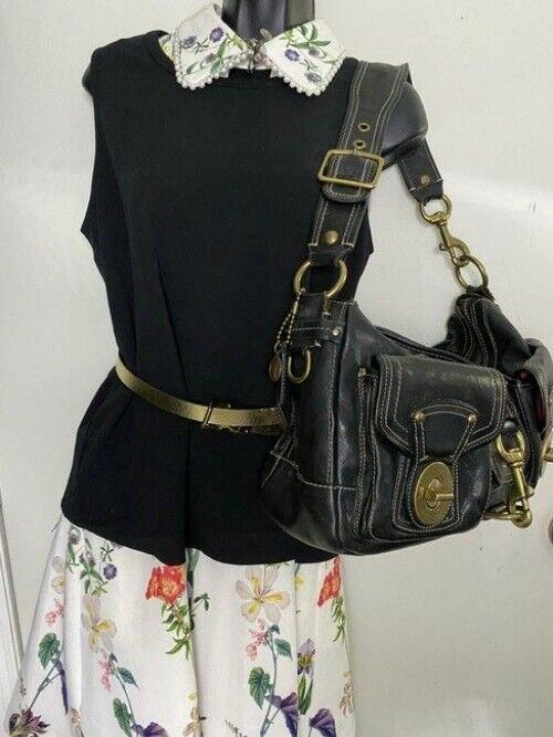 coach large black leather shoulder bag