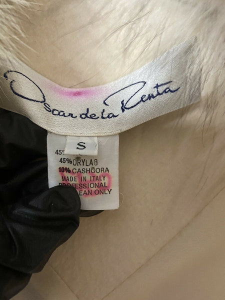 OSCAR DE LA RENTA Embellished Cream Long coat W Fur Trim Small