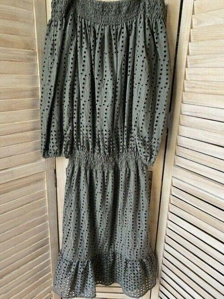 Nicole Miller olive off the shoulder eyelet msrp small long casual maxi dress