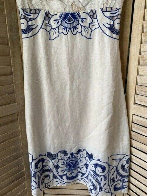 nicole miller white blue w linen w embroidery msrp small short casual dress