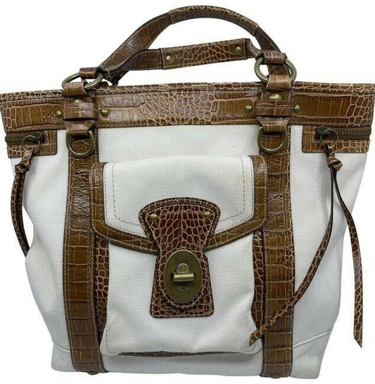 coach bag xl w w croc embossed leather trim brown white canvas tote