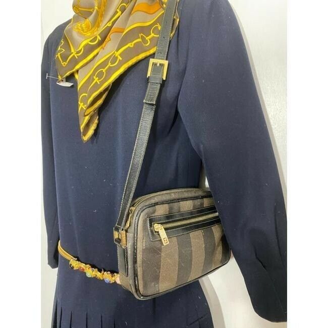 Fendi Vintage Signature Stripe Coated Canvas Brown Tan Shoulder Bag