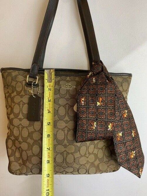 coach w all over logo w add on pooh beige brown jacquard fabric tote