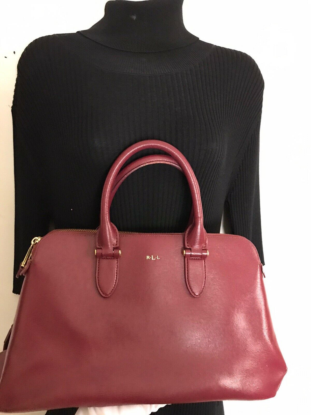 RALPH LAUREN Medium Brown Leather Logo Tote
