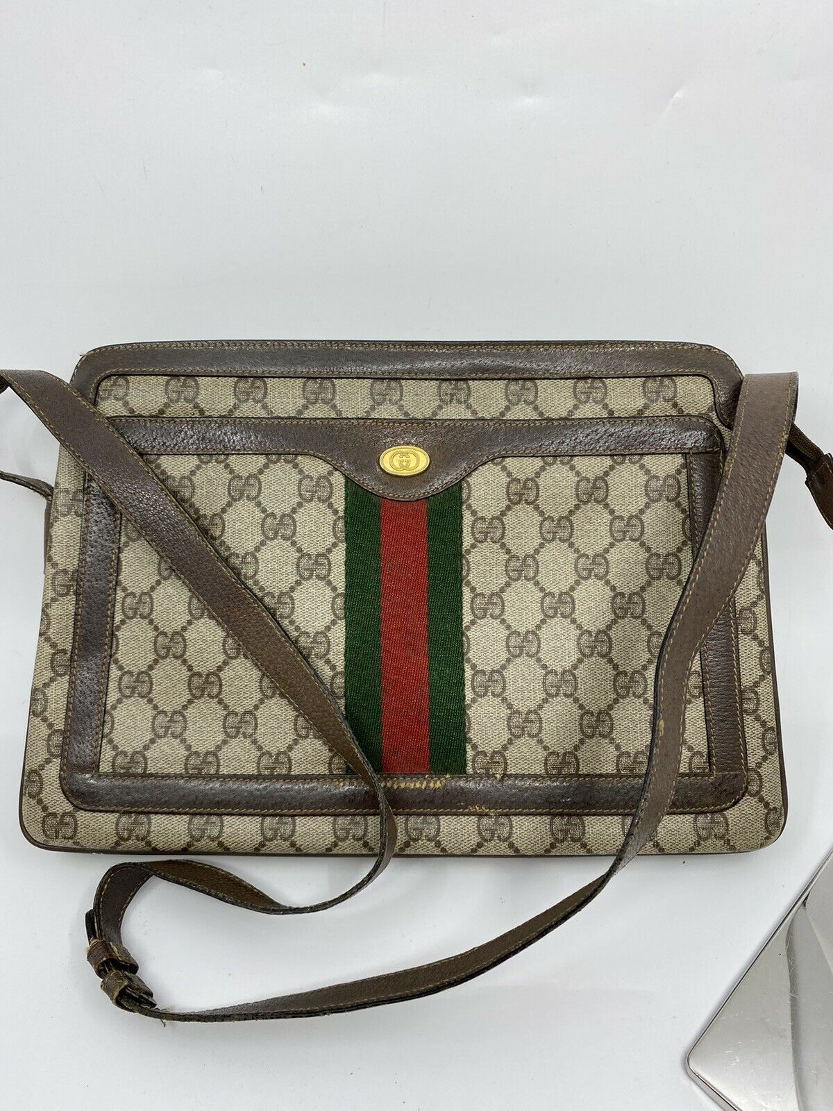GUCCI Vintage  Brown Canvas/  Leather Shoulder Bag W Adjustable Strap
