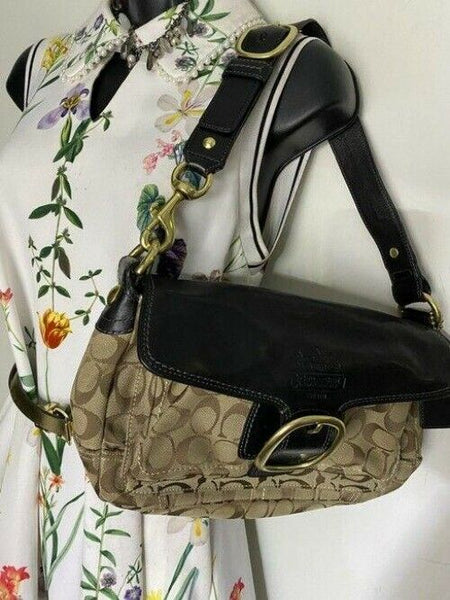 coach medium material tan black fabric shoulder bag