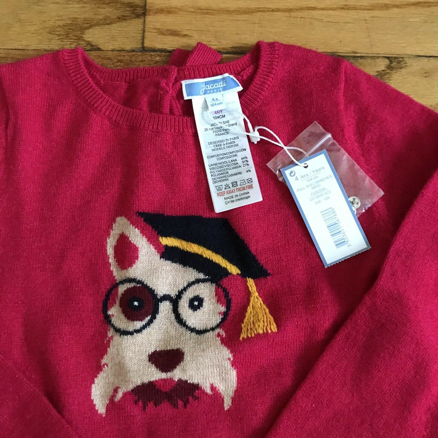 NWT! JACADI Red Knit LS Woof! Sweater Sz 4yr