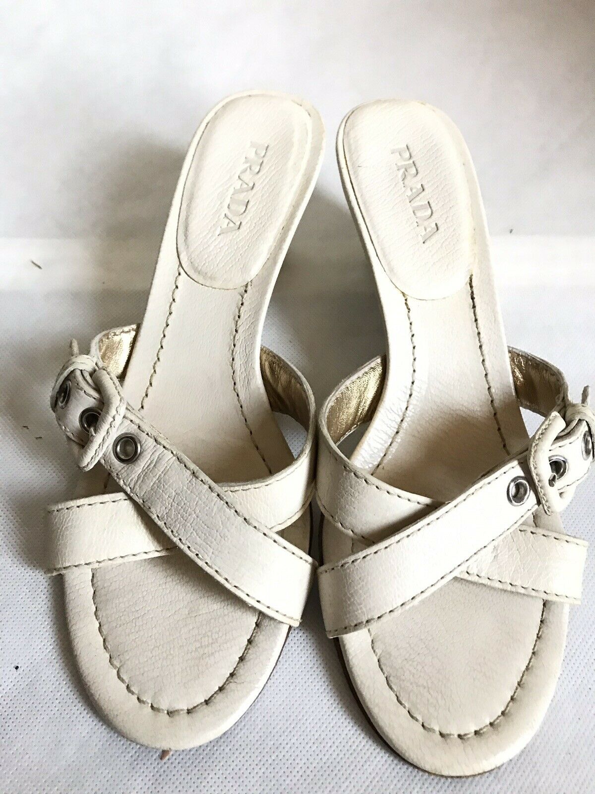 PRADA White Leather Wedge Sandals